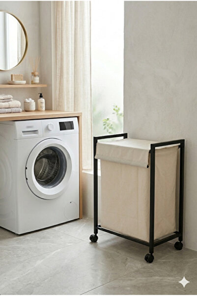 miyuhome 75 Litre Kapaklı Çamaşır Sepeti Kirli Sepeti Tekerlekli Metal Çamaşı...