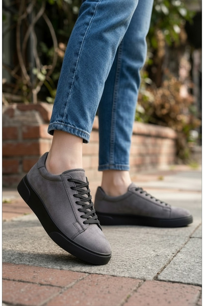 FAYMAZ Men's Gray Suede Textured Black Thick Soled Guaranteed Lace-Up Casual ...