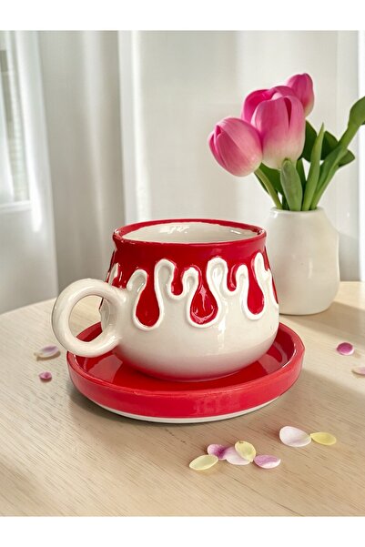 Artistic Quality Decorative Red Drop, Embossed Detailed Tea-Coffee Cup 1 Piece