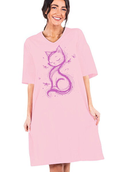 ROCKANDROLL Νυχτικό Cat Princess Pink με λαιμόκοψη V, μισό μανίκι, μήκος μέχρ...