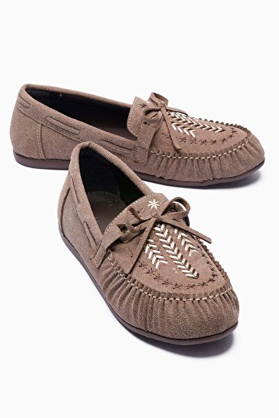 Mubiano Pantofi de damă piele întoarsă loafers cu șireturi brodate Talina Mink