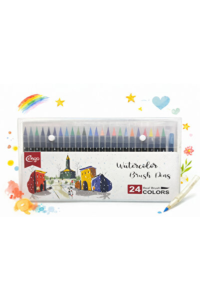 Cengo 24 Renk Sulu Boya Fırça Kalem Seti – Watercolor Brush Pens (Su Hazneli ...