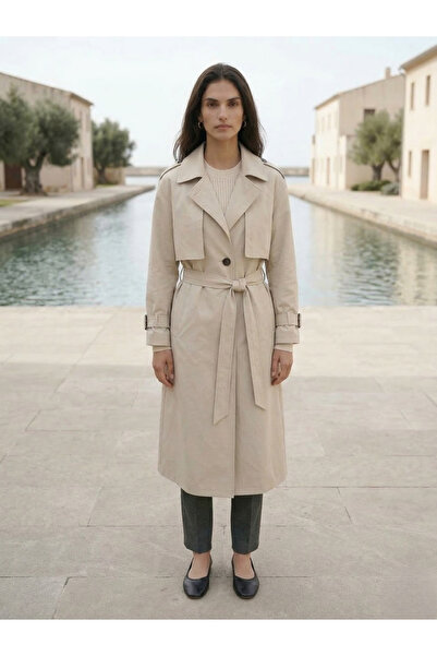 ÖRKCÜ Women's Classic Double-Breasted Collar Belted Long Gabardine Trench Coat