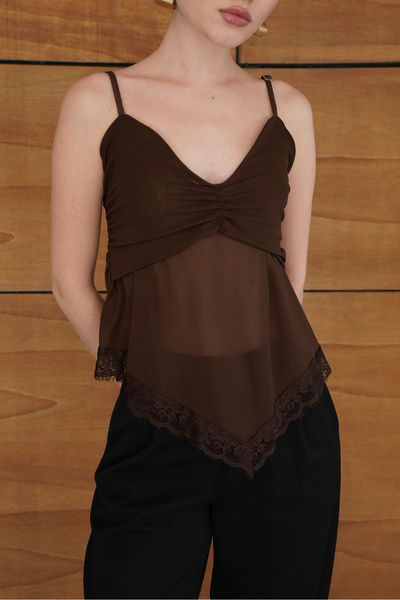 ASEDE Imported Fabric B Embroidered D Lace Detailed Strap Blouse