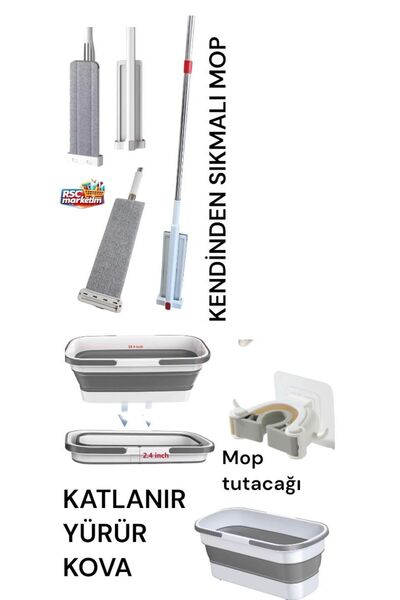 RSC MARKETİM Katlanır Kova /Kendinden Sıkmalı Mop - 1 Adet Yedek Mikrofiber M...