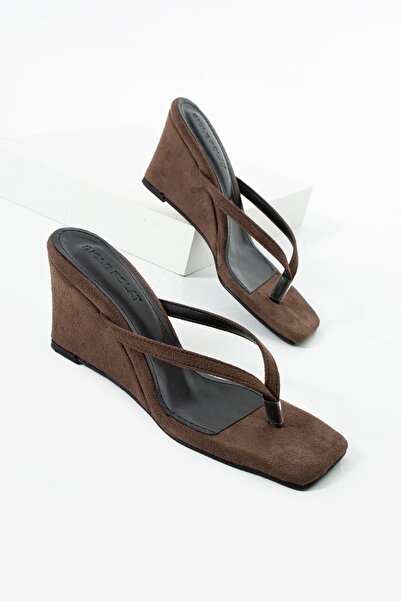 diclepolat Women's Brown Suede Thin Straps Blunt Toe Flip Flops D Wedge Heel ...