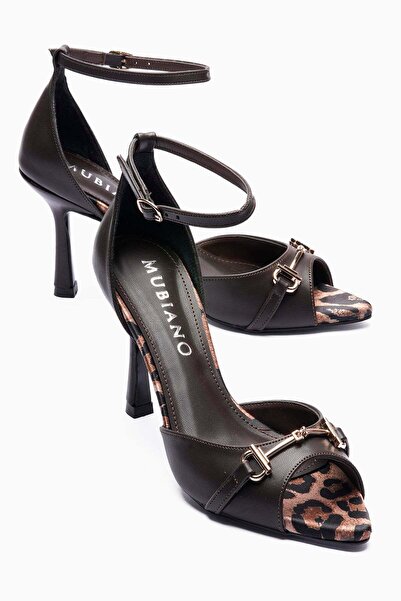 Mubiano Kadın Topuklu Ayakkabı Sivri Burun Leopar Desenli Bilekten Bantlı Şık...