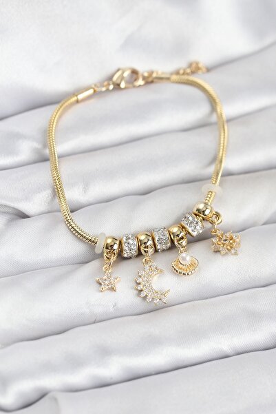 Inure Jewelry سوار نسائي مطلي بالذهب النحاسي مع قلادة على شكل هلال