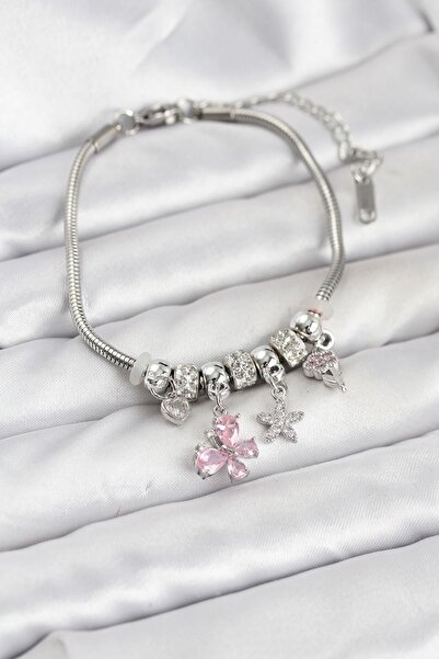 Inure Jewelry سوار نسائي من النحاس الفضي اللون مع قلادة على شكل فراشة وردية