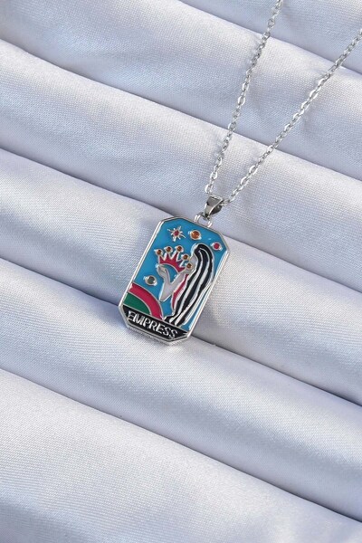 Inure Jewelry 316L سلسلة فولاذية فضية اللون تاج وقلادة التارو المينا الملونة ...