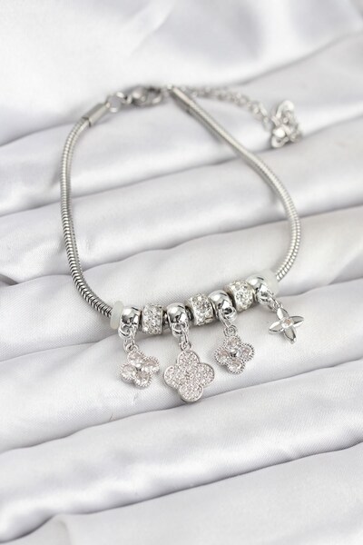 Inure Jewelry سوار نسائي من النحاس الفضي اللون على شكل ورقة البرسيم