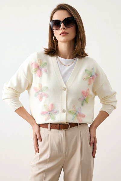 MODAQU Floral Motif Sequin Detailed Cardigan - Ecru