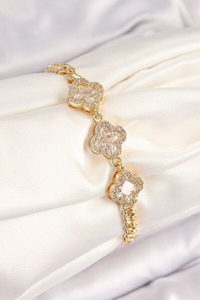 Inure Jewelry سوار نسائي من النحاس والزركون الحجري على شكل برسيم ذهبي اللون