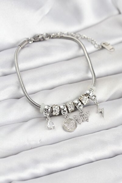 Inure Jewelry سوار نسائي من النحاس الفضي اللون مع تعليقة على شكل فراشة