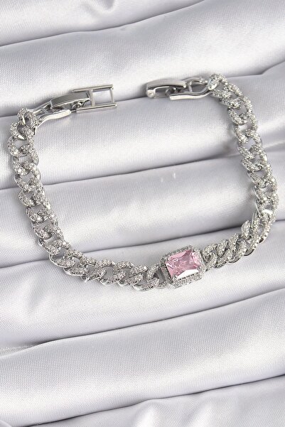 Inure Jewelry النحاس الفضة اللون الوردي مربع الزركون حجر VIP سلسلة سوار المرأة