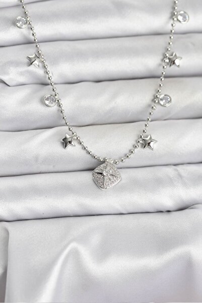 Inure Jewelry قلادة نسائية من النحاس الفضي اللون مرصعة بحجر الزركون على شكل ن...