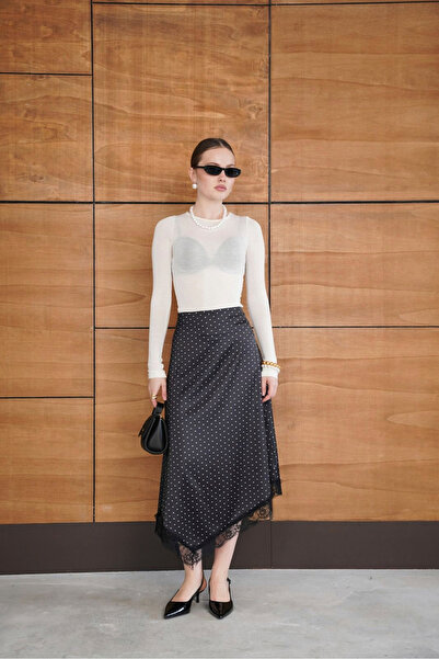 ASEDE Lace Detailed Polka Dot Midi Satin Skirt