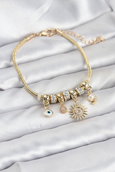 Inure Jewelry سوار نسائي من النحاس بلون ذهبي مع تعويذة شمسية