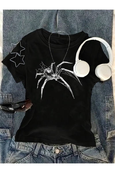 Toum Κοντή μπλούζα με ζώνη, γοτθικού στυλ, με σχέδιο αράχνης