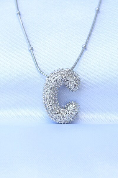 Inure Jewelry 316L الصلب سلسلة الزركون حجر حرف C قلادة فقاعة فضية اللون