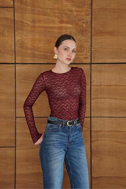 BLACKPERA Bluză din dantelă semi-transparentă cu mânecă lungă, slim fit