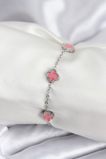 Inure Jewelry سوار نسائي من الفولاذ 316L بلون فضي وردي على شكل وردة البرسيم