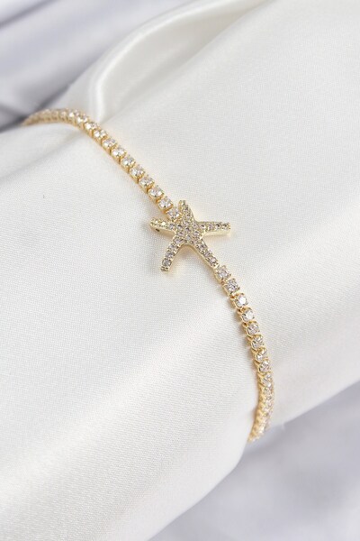 Inure Jewelry سوار نسائي من النحاس والزركون وحجر نجم البحر موديل ذهبي اللون