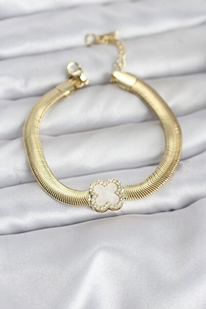 Inure Jewelry 316L Steel Gold Color White Clover Model Zircon Stone Snake Cha...