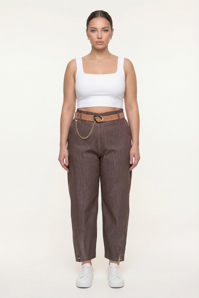 EXİTLİNE Women's Brown Summer Pants with Belt Accessories Hem Detail Denim