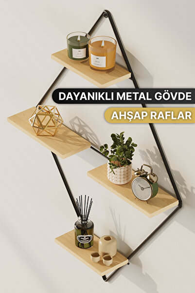 Bino Dekoratif Duvar Rafı Prizma Model 3 Katlı Metal Ahşap Raf Organizer Kitaplık Çok Amaçlı