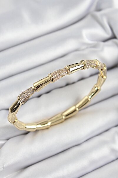 Inure Jewelry سوار نسائي من النحاس والزركون والحجر على شكل عظمة ذهبية اللون