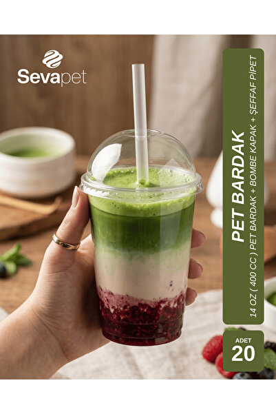 SEVAPET 14 OZ (400 CC) PET BARDAK + BOMBE DELİKLİ KAPAK + ŞEFFAF PİPET 20 ADE...