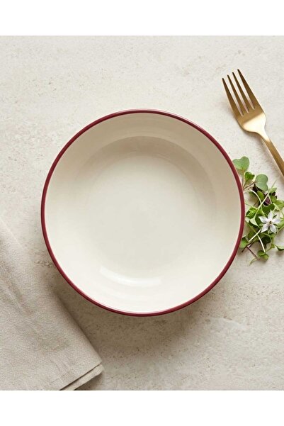 İD FİNE Porselen Kırmızı File Kenar Kase Salata, Çorba ve Kahvaltılık Sunum K...