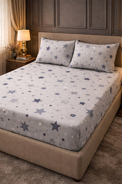 XVA Star Pattern Double Fitted Fitted Sheet Set 180X200 cm with Cover Pillowc...