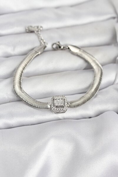 Inure Jewelry سوار نسائي من الفولاذ 316L بلون فضي مع حجر الزركون على شكل ثعبان