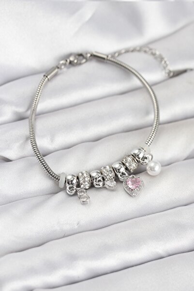 Inure Jewelry Brass Silver Color Pink Heart Charml Women's Bracelet