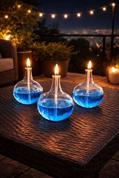 GLASSBLOWİNGART20 DOLUNAY MAVİ 3 LÜ SET KANDİL 200 ML KANDİL YAĞI HEDİYE