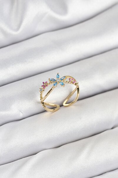 Inure Jewelry خاتم نسائي من حجر الزركون باللون الذهبي النحاسي مع زهرة زرقاء