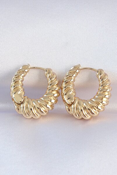 Inure Jewelry Brass Gold Color Serrated Detail Curved Hoop Earrings
