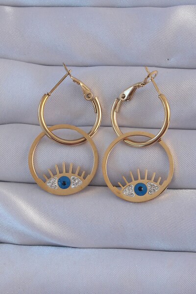 Inure Jewelry 316L الصلب الذهب اللون الزركون حجر العين الزرقاء تصميم هوب القرط