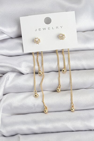 Inure Jewelry Topçuk Model Gold Color Brass Dangle Women's Earring Set