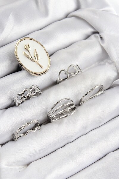 Inure Jewelry مجموعة خواتم نسائية من النحاس والزركون والياقوت موديل لون فضي