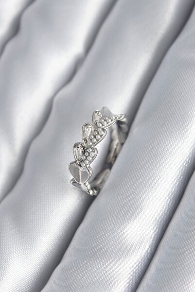 Inure Jewelry خاتم نسائي نحاسي فضي اللون على شكل قلب مزين باللؤلؤ