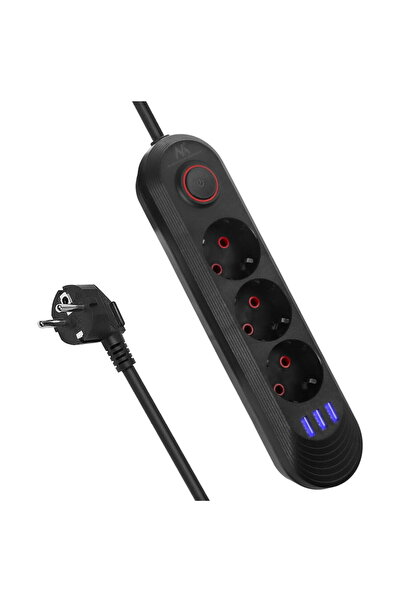 Maclean 3 sockets + 3xUSB, 110-240V AC 50/60Hz, 2.1A max 2500W, 1.5m, black, ...