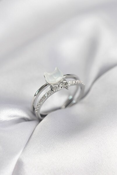 Inure Jewelry خاتم نسائي فضي اللون مزين بحجر الزركون على شكل قطة مزخرفة باللؤلؤ
