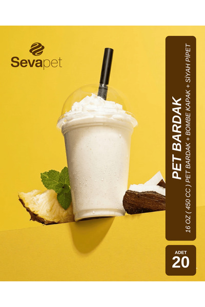 SEVAPET 16 OZ (450 CC) PET BARDAK + BOMBE DELİKLİ KAPAK + SİYAH FROZEN PİPET ...