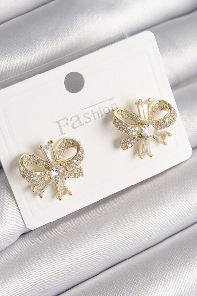 Inure Jewelry Brass Gold Color Zircon Stone Bow Model Women's Earrings
