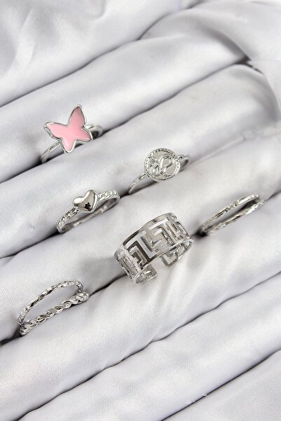 Inure Jewelry مجموعة خواتم نسائية من النحاس على شكل فراشة وقلب باللون الفضي