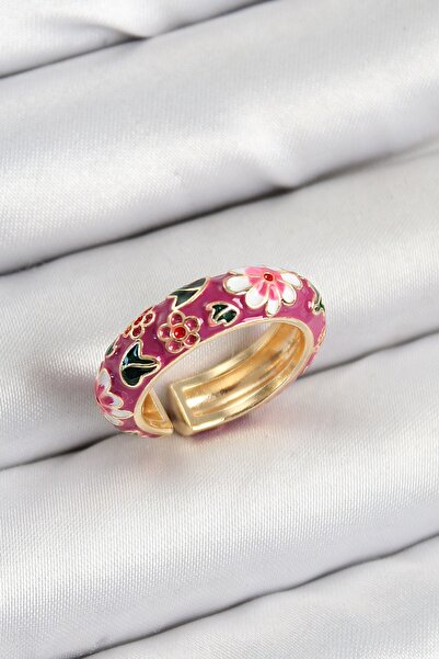Inure Jewelry خاتم نسائي من النحاس الفوشيا المينا على شكل زهرة ذهبية اللون قا...