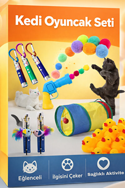 BOXLAND Kedi Oyuncak Seti Tüylü Olta Oyuncak + Pompon Top + Tünel + Eğlenceli...